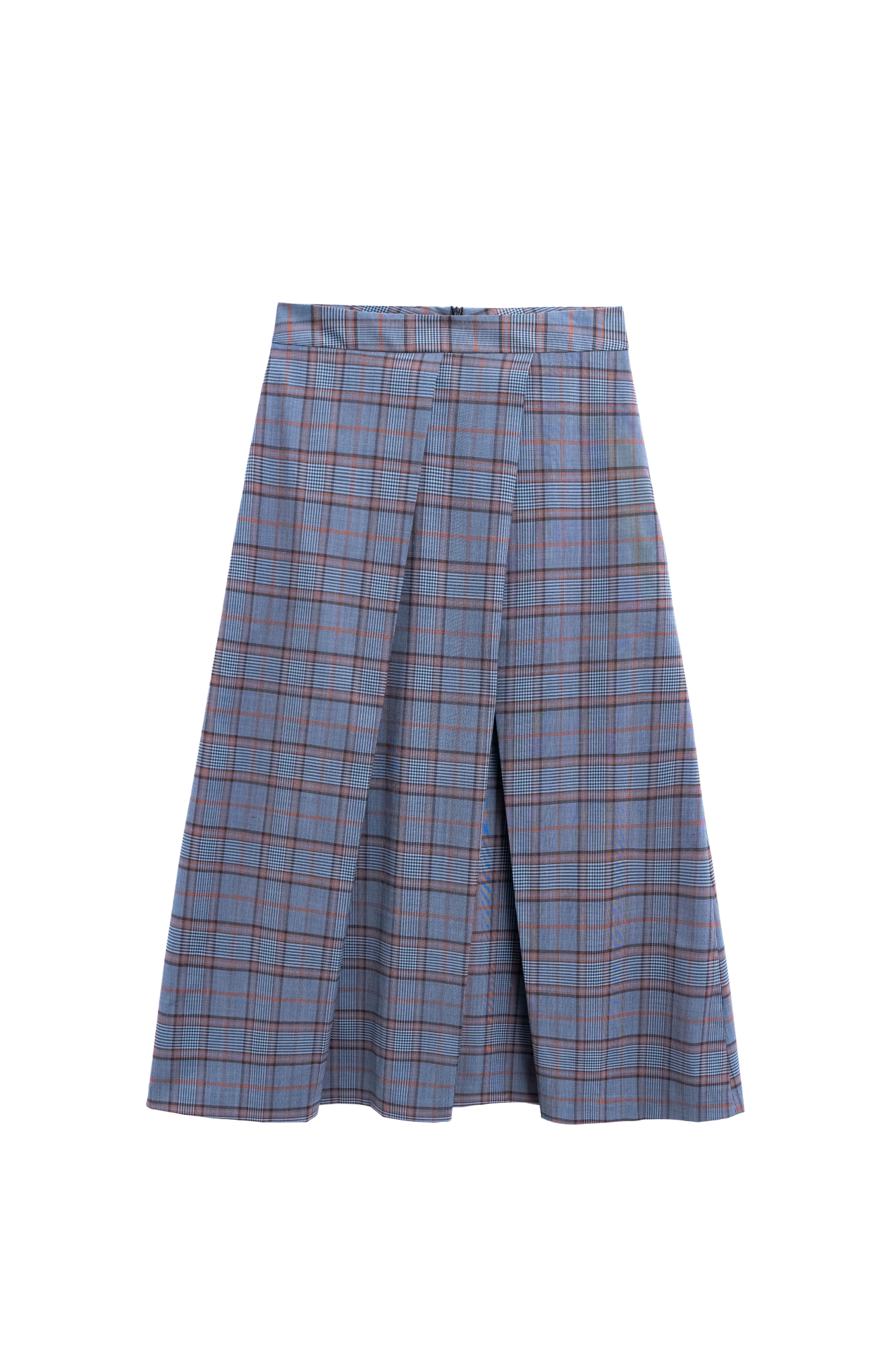 Юбка длины миди из шерсти в клетку. Модель А-силуэта с крупными косыми складками спереди. Застежка на молнию сзади. Изделие без подкладки.