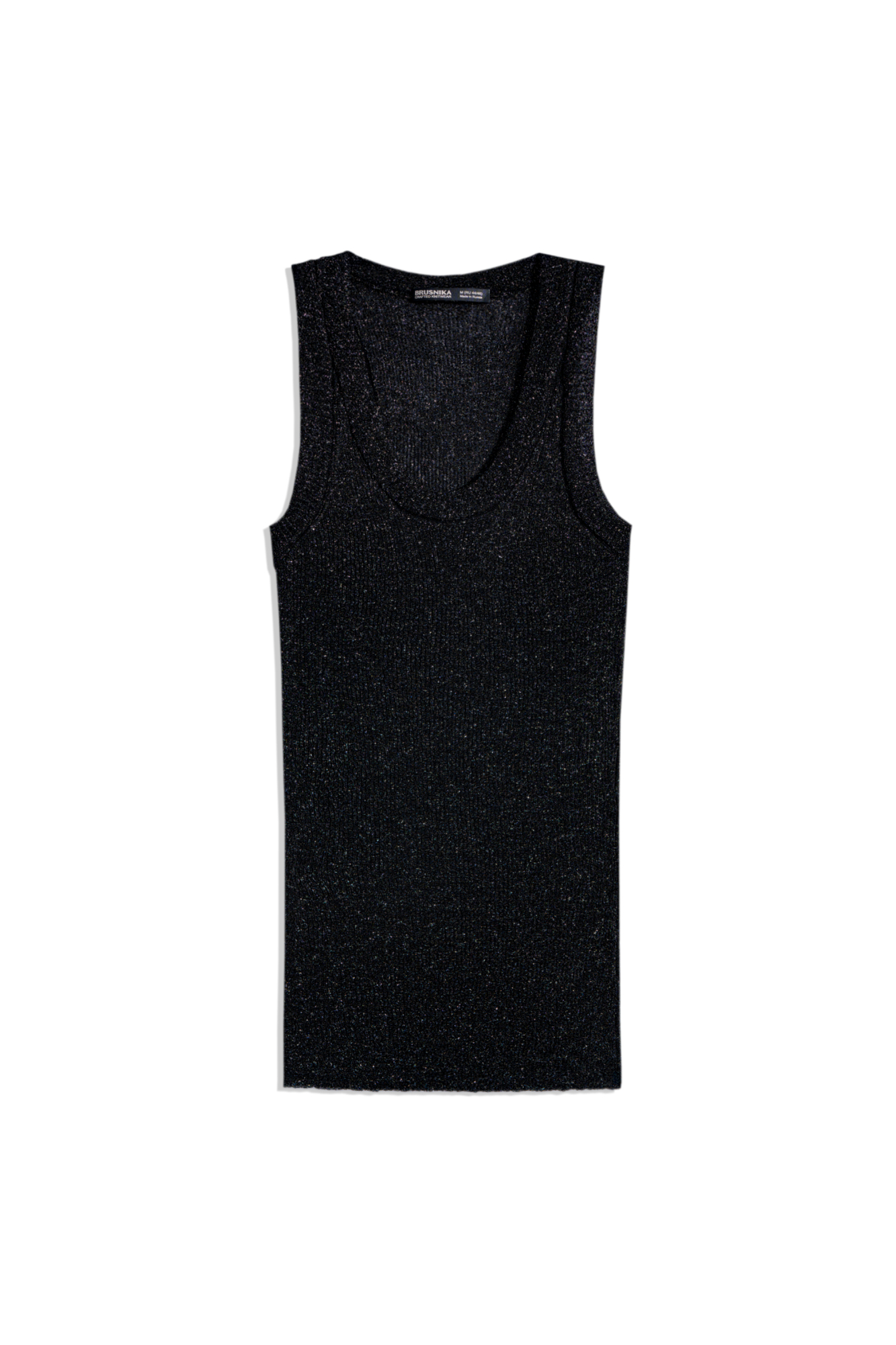 Трикотажный топ из вискозы с люрексом. Модель с U-образным вырезом горловины и широкими бретелями.