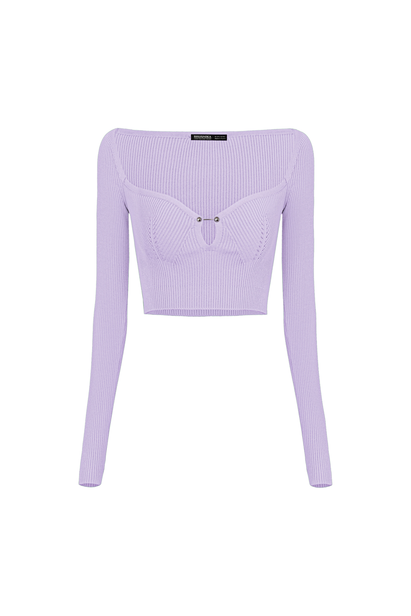 Трикотажный укороченный топ из вискозы в рубчик. Модель по фигуре с глубоким декольте и с декоративным элементом на лифе. Отлично сочетается с трикотажной юбкой из этой же коллекции.