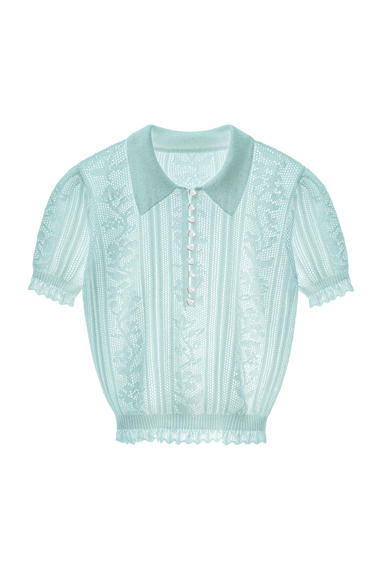 Трикотажная футболка из вискозы с пайетками. Изделие выполнено ажурным переплетением с дизайном в виде растительного орнамента. Модель с воротником поло, планкой на пуговицах-сердечках и коротким рукавом.