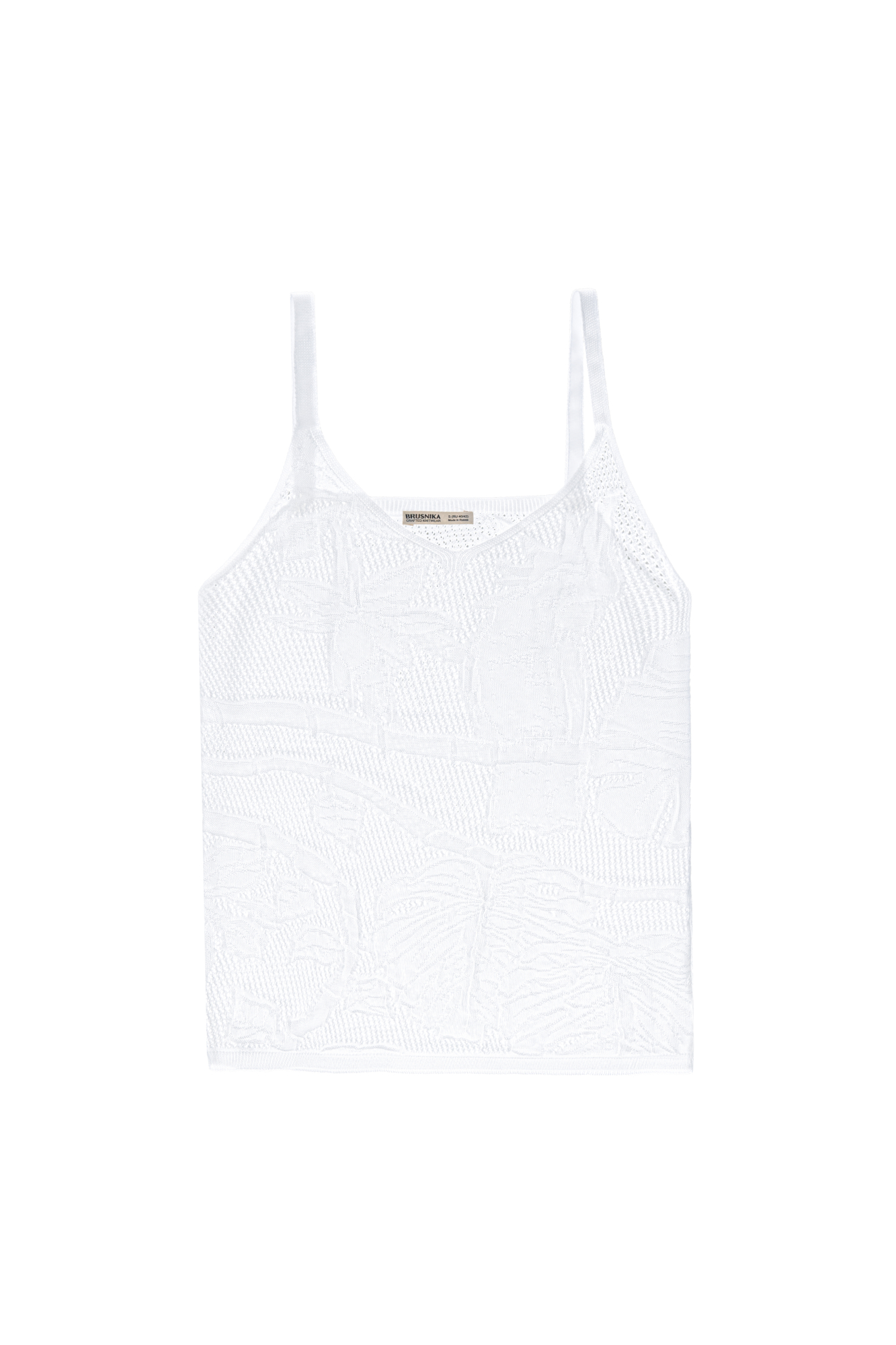 Трикотажный ажурный топ из вискозы. Модель прямого кроя, на тонких лямках. Изделие декорировано объемным растительным орнаментом.