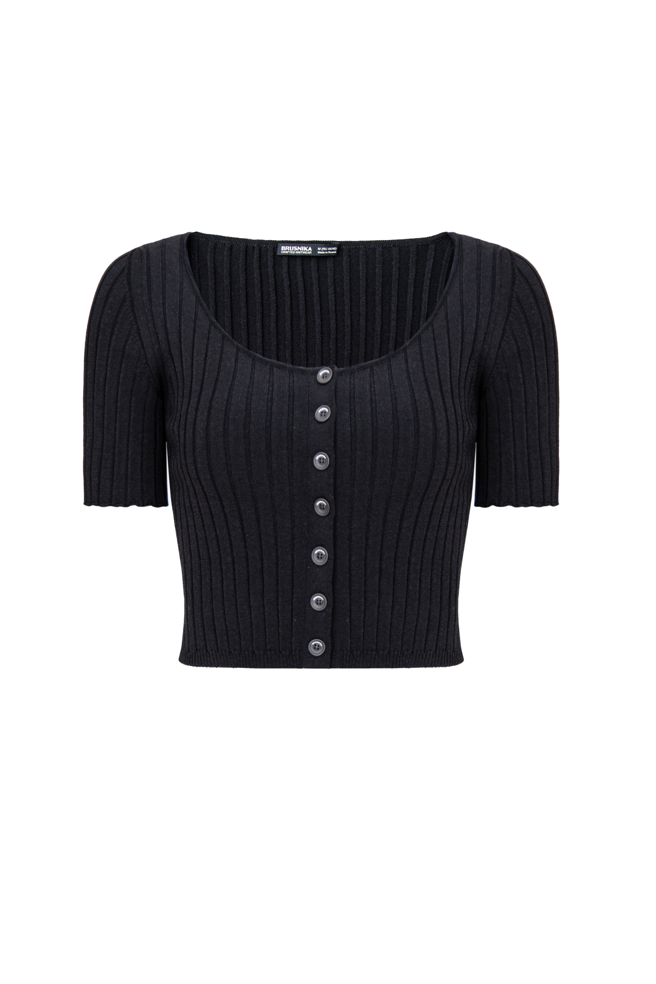 Укороченный кроп-топ на пуговицах из вискозы, выполнен из мягкой пряжи в рубчик, с коротким рукавом.