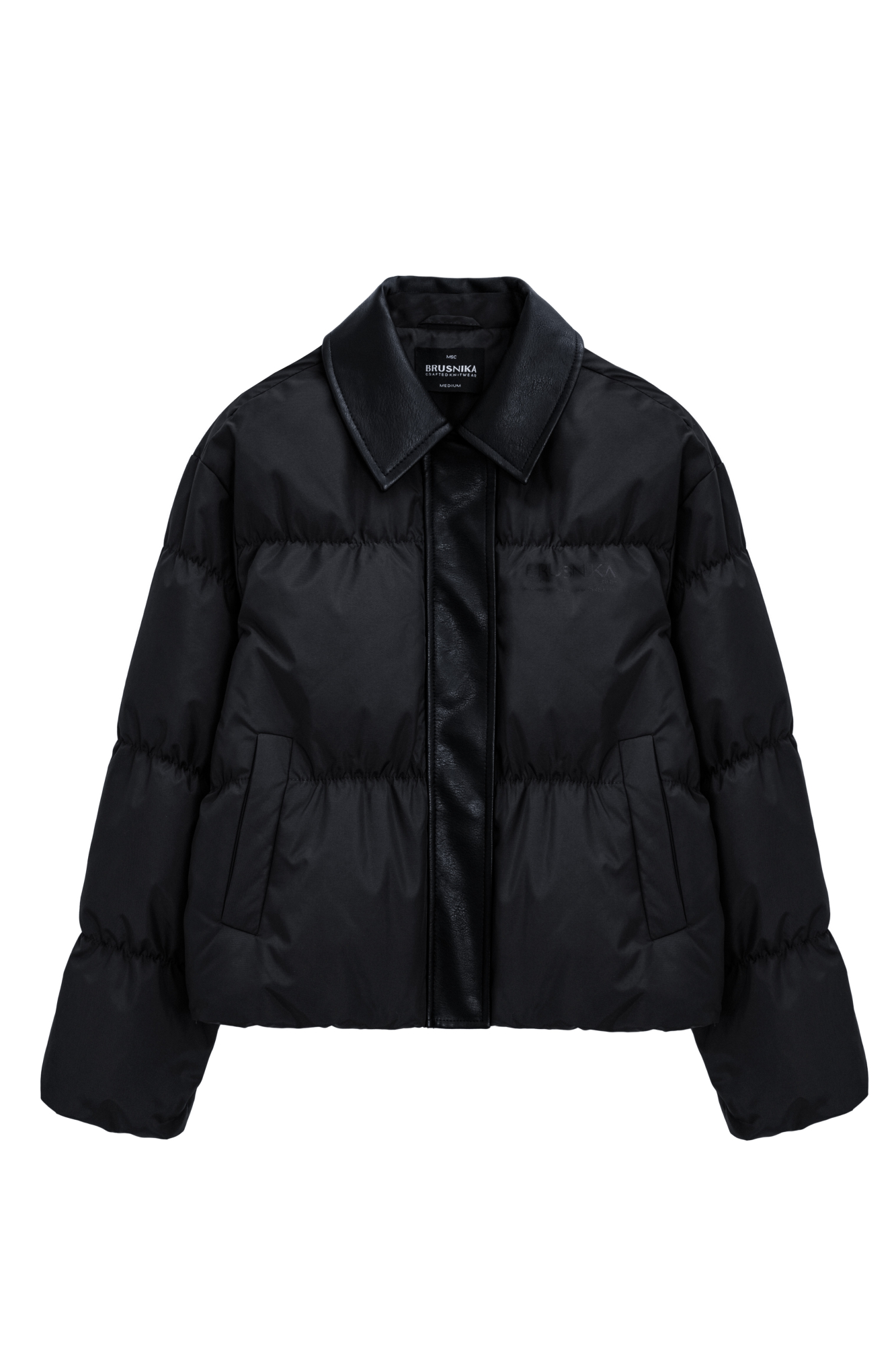 Пуховик с отложным воротником из экокожи