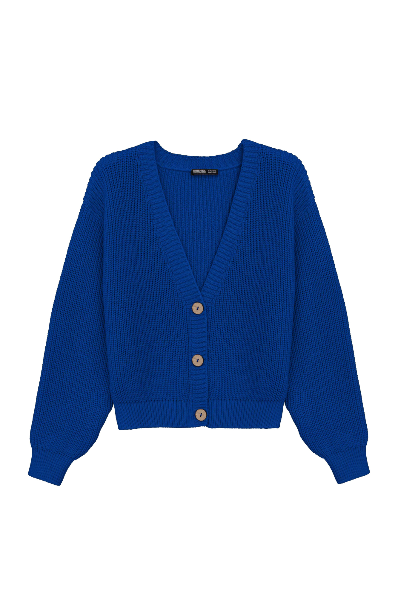 Хлопковый кардиган полуфанг с длинными рукавами. V-образный вырез, низ изделия и манжеты на эластичной ленте в рубчик.