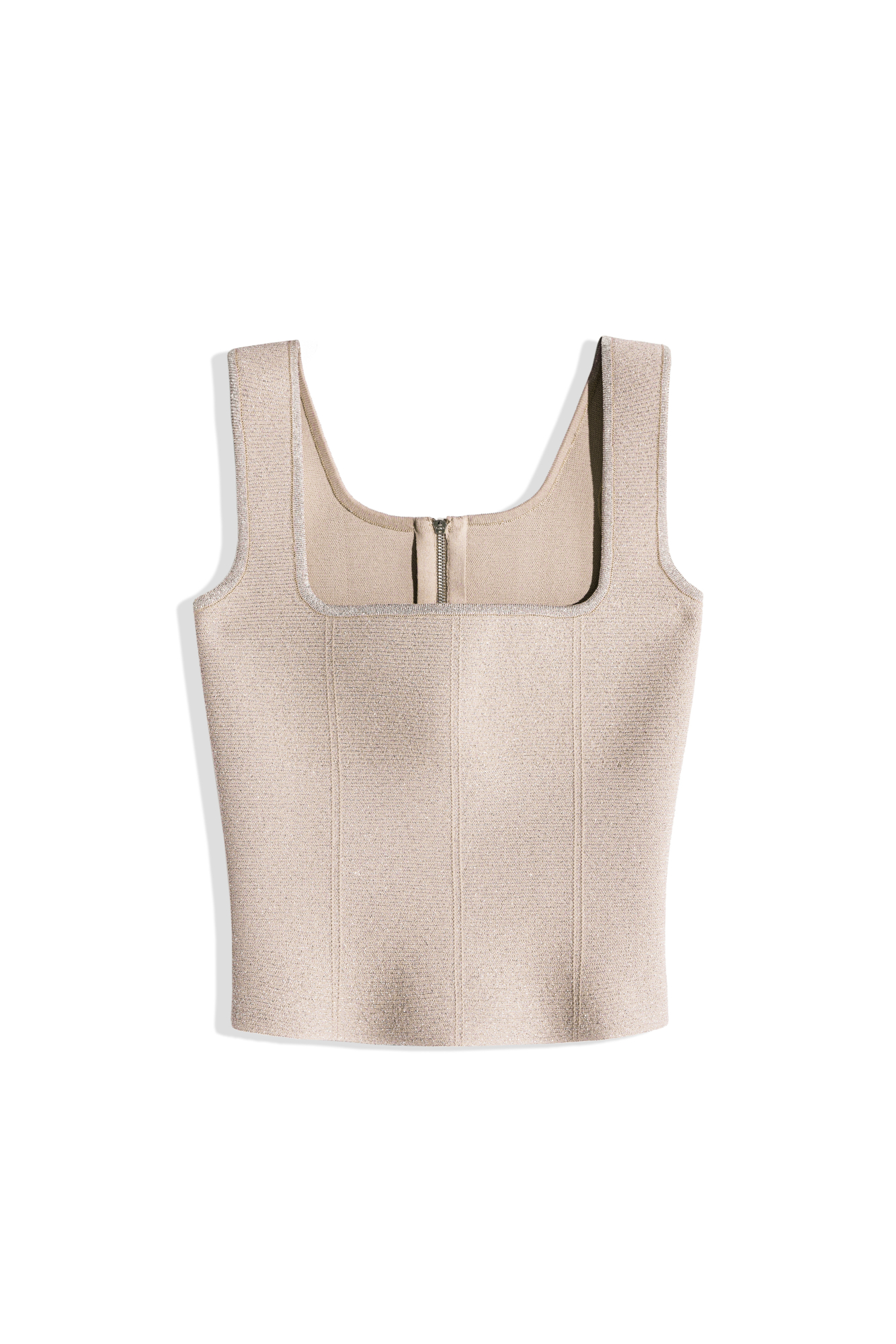 Короткий трикотажный корсет из вискозы с добавлением люрекса. Модель приталенного силуэта, с квадратным вырезом и широкими бретелями. Застежка на молнию сзади.