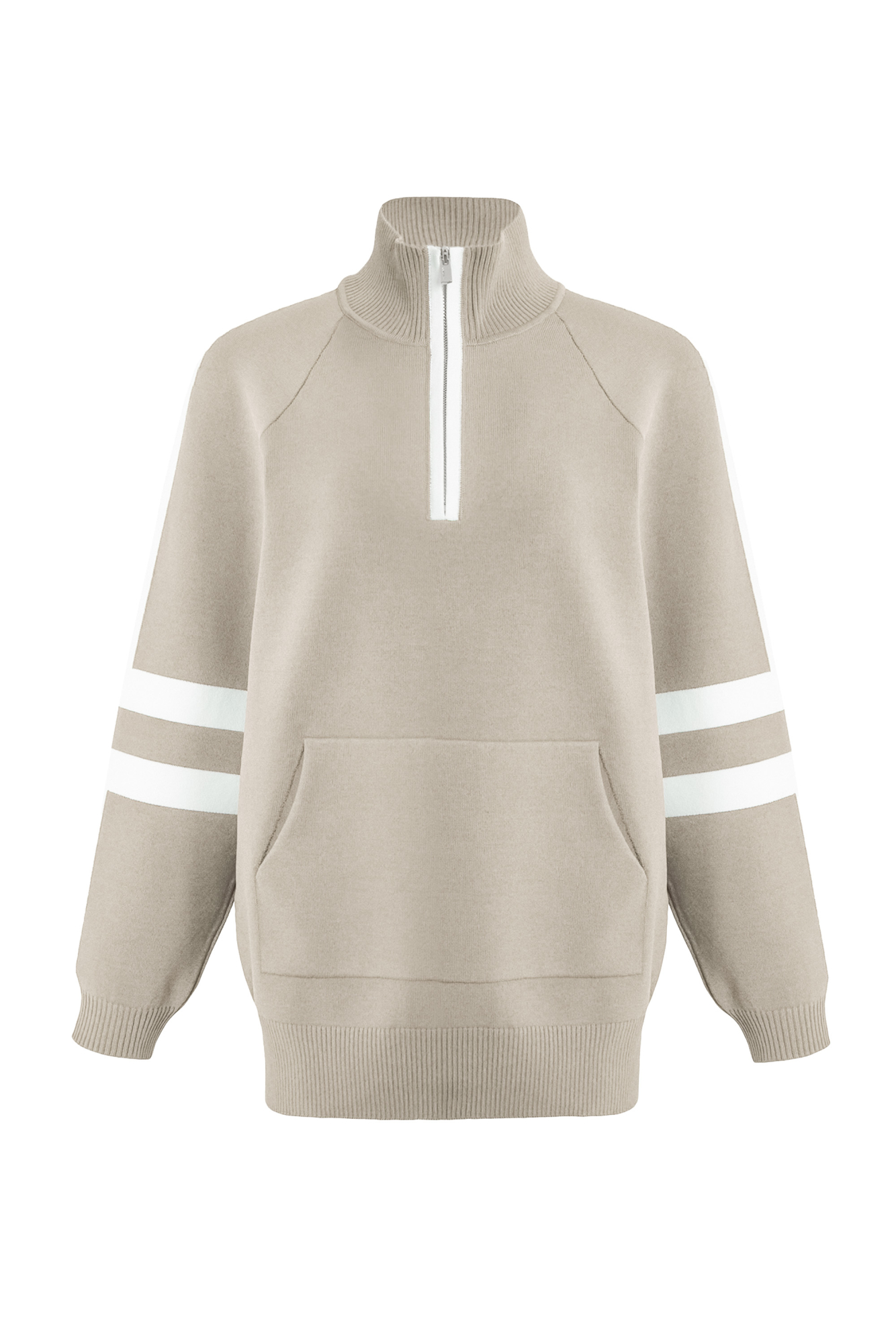 Джемпер из вискозы в спортивном стиле. Лампасы на рукавах. Высокий воротник. Застежка-молния.