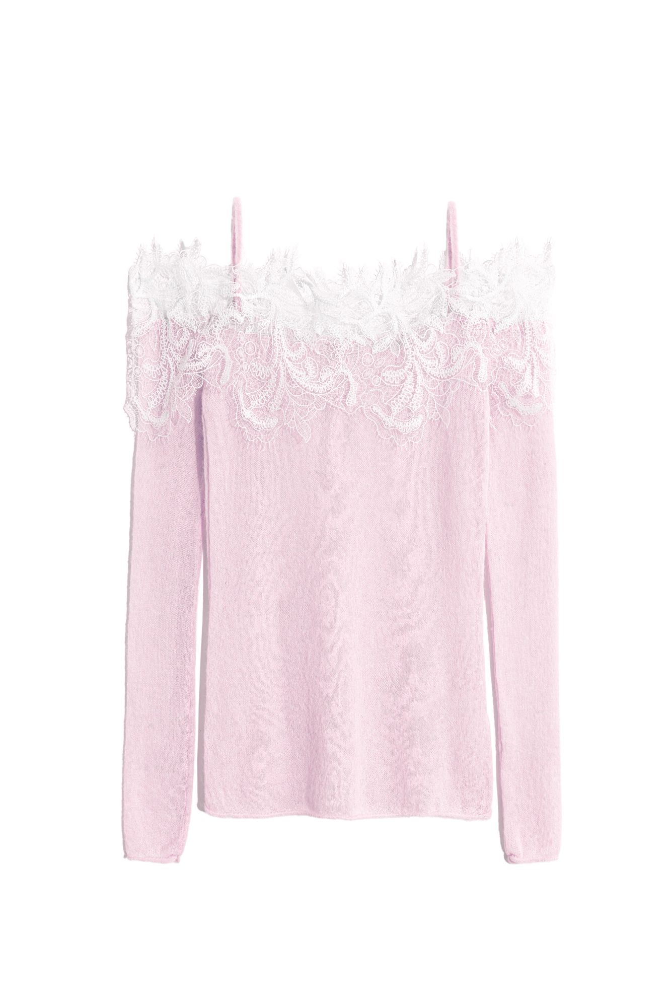 Трикотажный лонгслив из шерсти мериноса экстрафайн и альпака суперфайн. Модель по фигуре на тонких бретелях с длинными рукавами и открытой линией плеч. Декольте декорировано кружевом.