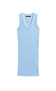Платье длины мини из фактурного трикотажа на основе вискозы. Модель приталенного силуэта, без рукавов, на широких бретельках, с U-образным вырезом горловины. Изделие выполнено в широкий рубчик.