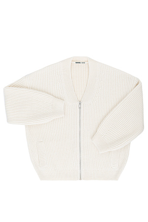 белый Трикотажный бомбер с боковыми карманами. Модель свободного силуэта со спущенной линией плеча и застежкой на молнию.