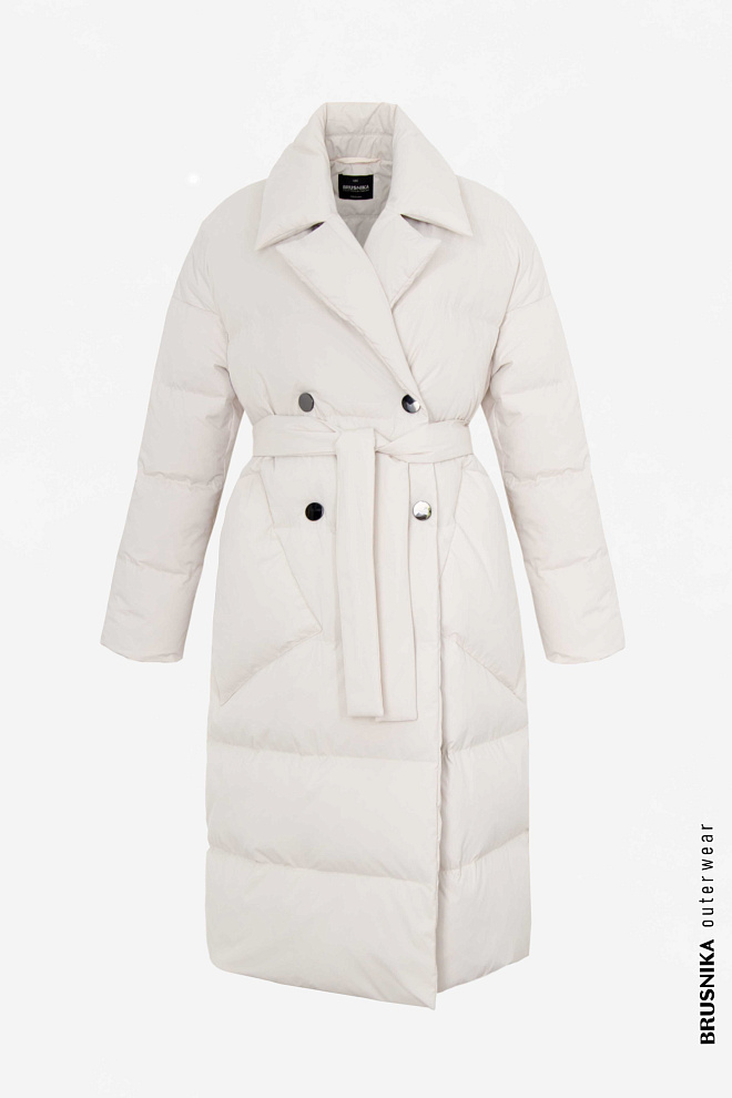 Двубортный пуховик с поясом на запах