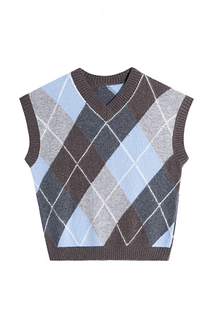  Трикотажный жилет из кашемира с узором аргайл. Модель свободного силуэта без рукавов с неглубоким V-образным вырезом горловины. Края изделия выполнены в рубчик.