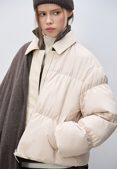 Пуховик с отложным воротником из экокожи