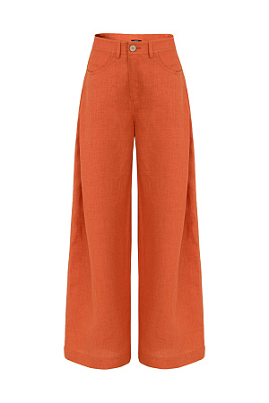 оранжевый Брюки из 1005 льна. Модель прямого кроя со шлевками на поясе для ремня, карманами и застежкой на пуговицу и молнию.