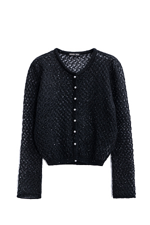 черный Трикотажный ажурный кардиган из кидмохера, декорированный мелкими пайетками. Модель свободного силуэта с длинными рукавами, круглым вырезом горловины и застежкой на жемчужные пуговицы. 
