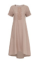 Платье длины миди из 100% льна. Модель с коротким рукавом и круглым вырезом горловины. Изделие декорировано кружевом.