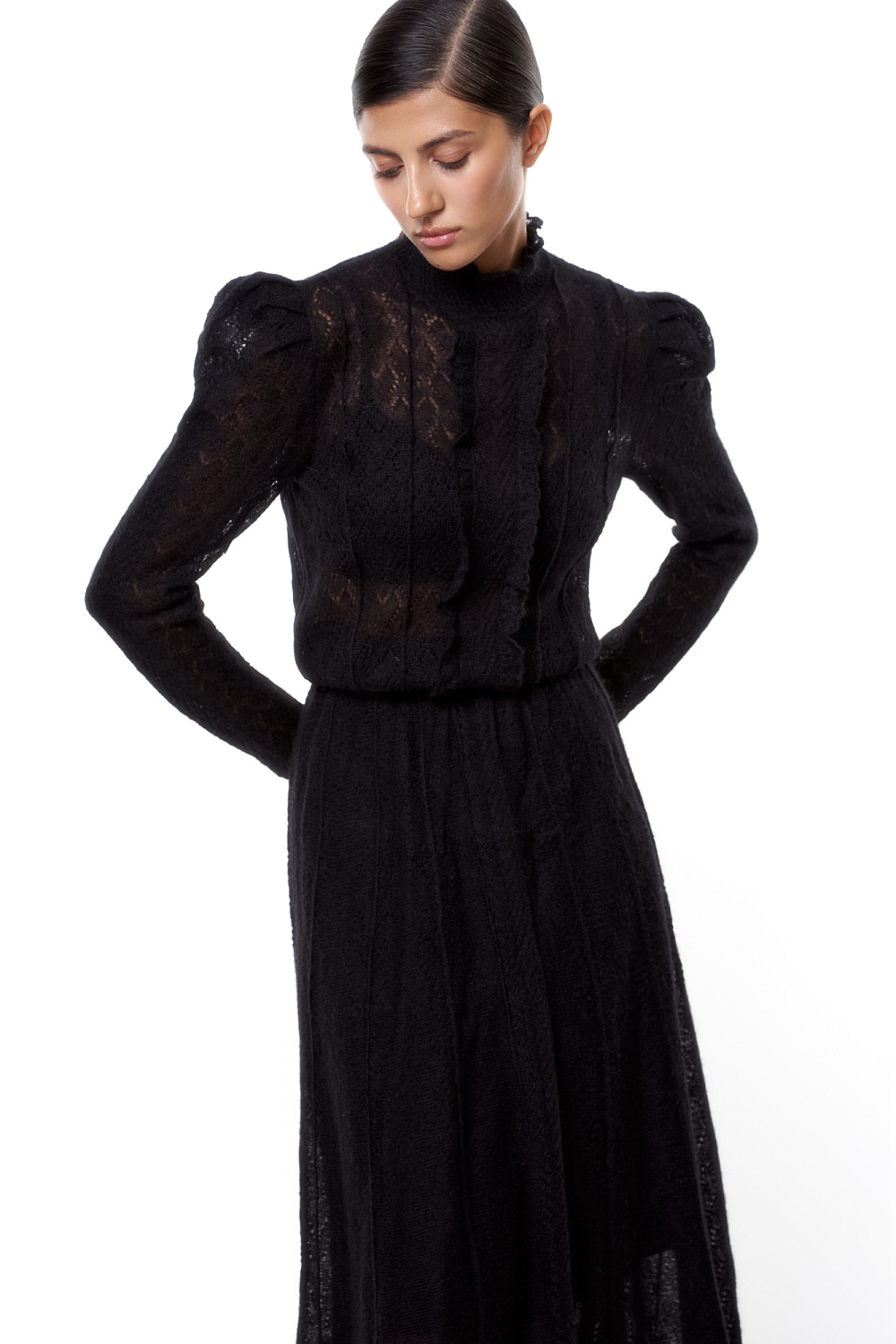 Черное ажурное платье с бежеаой подкладкой длинны-миди. Купить в Киеве • Интернет-магазин Onlady