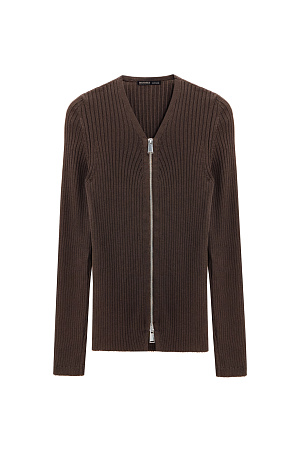 коричневый Трикотажный кардиган на молнии из вискозы. Модель прямого силуэта, с длинными рукавами и V-образным вырезом. Изделие выполнено в широкий рубчик