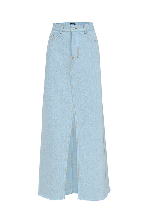 голубой Джинсовая юбка макси из 100% хлопка с разрезом спереди и необработанным краем низа. Модель актуальна в стилизации образов демисезонно.