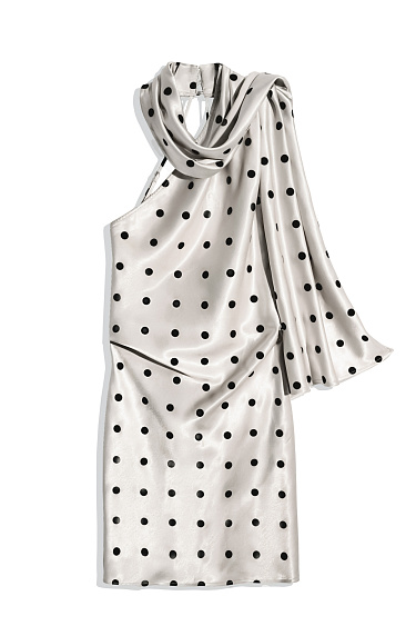 Атласное платье в горох с шарфом