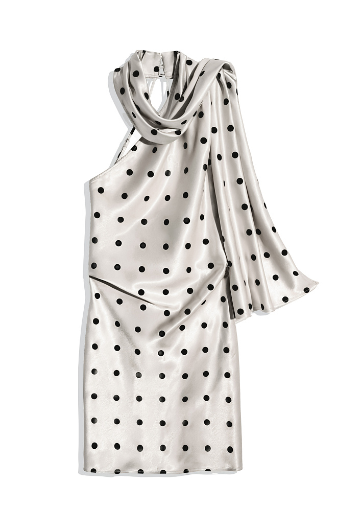 Атласное платье в горох с шарфом