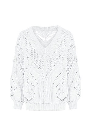 белый Ажурный джемпер из хлопка с V-образным вырезом. Свободная посадка, длинный рукав с манжетами. Джемпер станет прекрасным дополнением к брюкам и к юбке, а фасон позволяет носить джемпер как вырезом на груди, так и на спине.
