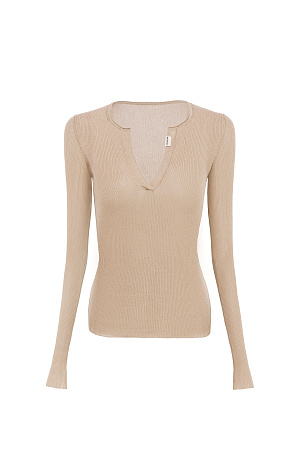 бежевый Трикотажный полупрозрачный лонгслив из хлопка с добавлением полиамида. Модель приталенного силуэта с длинными рукавами, V-образным вырезом и брендированным ярлыком на планке.