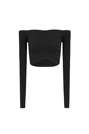 черный Трикотажный топ из вискозы с длинным рукавом и открытой зоной декольте 