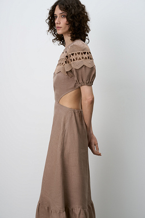 бежевый Длинное льняное платье с кружевом, рукава-фонарики.