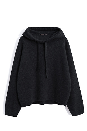 черный Трикотажное худи из пуха лисы. Модель свободного силуэта с капюшоном и спущенной линией плеча. 