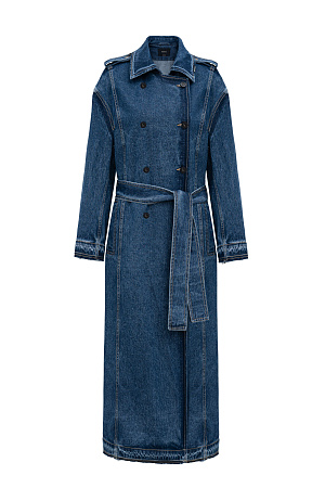 синий Двубортный джинсовый oversize тренч на запах без подкладки с необработанными краями. Асимметричная отлетная кокетка, отложной воротник, паты на манжетах и широкий пояс из основного материала. Передние боковые карманы на пуговицах.