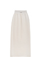 Трикотажная юбка длины макси из кашемира и шерсти. Модель по фигуре, с широким эластичным поясом в рубчик, дополненным кулиской и двумя накладными карманами сзади. Изделие декорировано вывязанным логотипом.