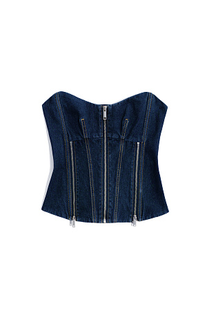 синий Джинсовый корсет из 100% хлопка. Модель приталенного силуэта с акцентной строчкой и застежкой на молнию спереди. Шнуровка на спинке.