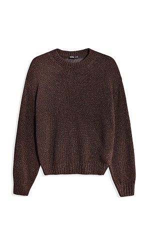 коричневый Джемпер из вискозы с люрексом. Модель в круглым вырезом горловины. Края изделия выполены в широкий рубчик.