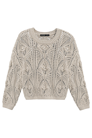 бежевый Трикотажный джемпер из хлопка, выполненный ажурной вязкой с орнаментом. Модель свободного силуэта с длинными рукавами и круглым вырезом горловины. Манжеты и низ изделия выполнены в рубчик.