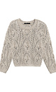 Трикотажный джемпер из хлопка, выполненный ажурной вязкой с орнаментом. Модель свободного силуэта с длинными рукавами и круглым вырезом горловины. Манжеты и низ изделия выполнены в рубчик.