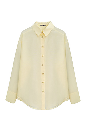 желтый Классическая рубашка из тонкого шелка и хлопка. Модель свободного кроя, с отложным воротником, длинными рукавами с манжетами на пуговицах. Нижний край изделия выполнен полукругом. Застежка на пуговицы.