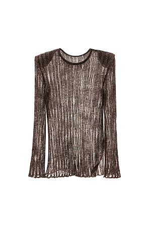 коричневый Полупрозрачный джемпер, выполненный изо льна с добавлением люрекса. Модель по фигуре с круглым вырезом горловины и невысоким разрезом сбоку. Изделие с подплечниками.