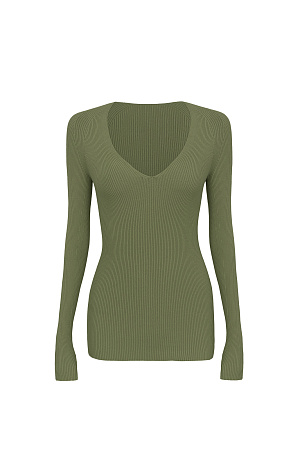 хаки Трикотажный лонгслив из вискозы. Модель приталенного силуэта с глубоким V-образным вырезом. Изделие выполнено в рубчик.