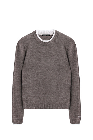 бежевый Трикотажный джемпер из шерсти. Модель свободного силуэта с контрастными манжетами и воротничком. Изделие декорировано брендированным жаккардом на рукаве и логотипом на спине.