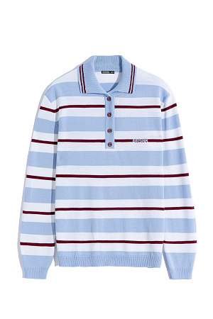 голубой Трикотажный джемпер из шерсти в полоску. Модель свободного силуэта, с длинными рукавами, воротником поло на пуговицах и брендированным жаккардом на груди. Манжеты, воротничок и низ изделия выполнены в рубчик.