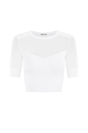 белый Трикотажный топ из вискозы с короткими рукавами и элементами из сетки. 