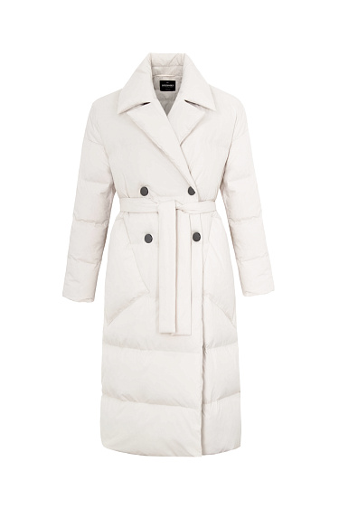 Двубортный пуховик с поясом на запах