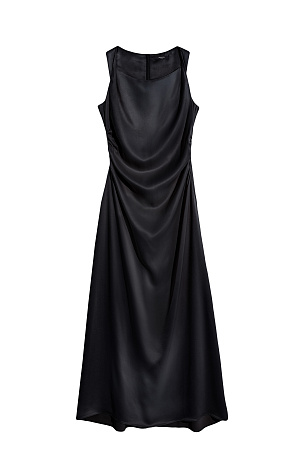 черный Атласное платье длины миди из 100% вискозы. Модель приталенного силуэта, без рукавов, с перекрутом на плечах и драпировкой. Застежка на молнию сзади.