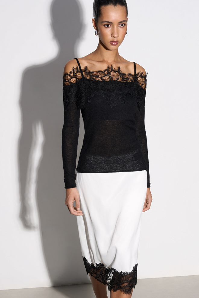 Лонгслив из шерсти мериноса с кружевом