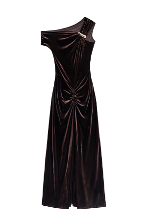 коричневый Вечернее платье длины макси из бархатной вискозы. Модель асимметричного кроя с одним коротким рукавом и перемычкой на плече. Изделие декорировано драпировкой.