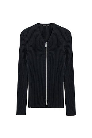 черный Трикотажный кардиган на молнии из вискозы. Модель прямого силуэта, с длинными рукавами и V-образным вырезом. Изделие выполнено в широкий рубчик.