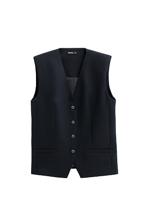 черный Классический жилет из поливискозы. Модель прямого кроя с имитацией карманов и V-образным вырезом. Изделие на подкладке. Застежка на пуговицы.