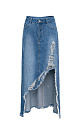 Джинсовая юбка из 100% хлопка в стиле гранж. Модель прямого кроя длины миди, со средней посадкой, пятью карманами и шлевками на поясе для ремня. Застежка на молнию и пуговицу. Изделие декорировано высоким рваным разрезом от бедра, создающим асимметрию юбки.