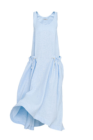 голубой Платье из 100% льна с регулируемой кулиской на поясе. Модель свободного силуэта, без рукавов, на широких лямках, с U-вырезом горловины и боковыми карманами.