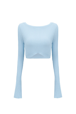 голубой Укороченный трикотажный топ из вискозы в рубчик. Обтягивающая модель с открытой спиной. Дополнить образ можно юбкой в таком же стиле.